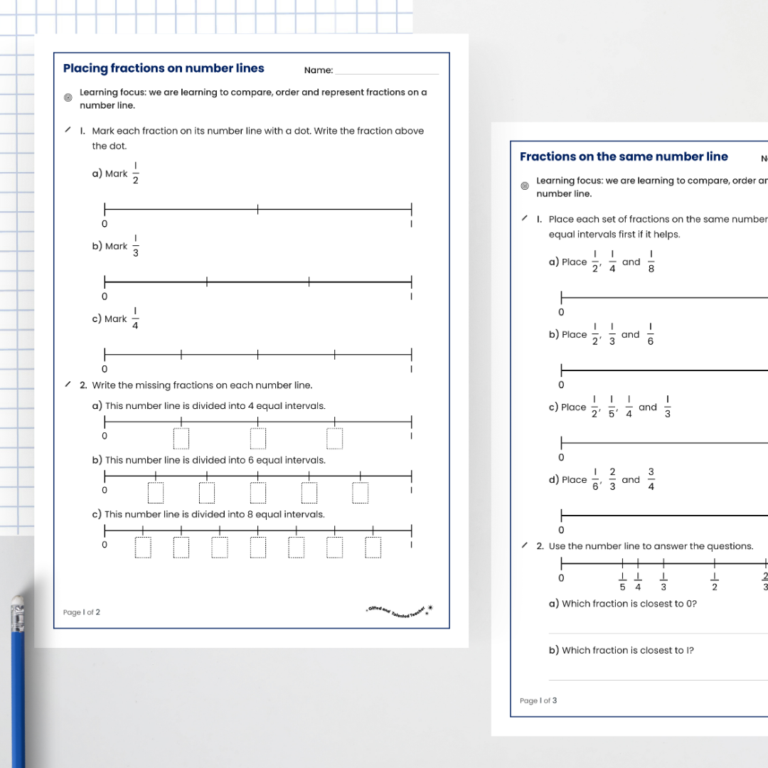 Student activities: placing fractions on number lines