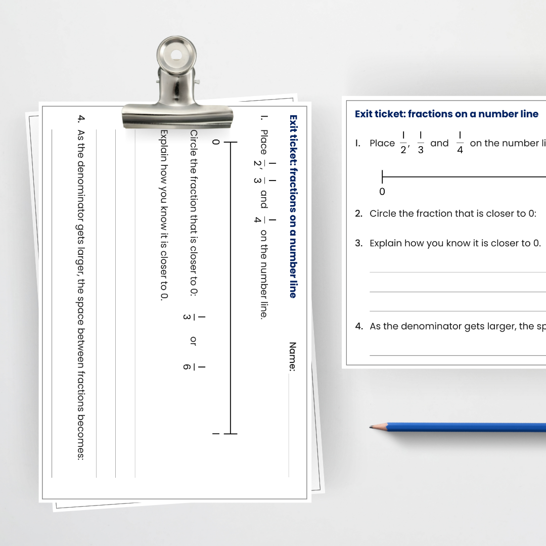 Exit ticket: fractions on a number line, two per page
