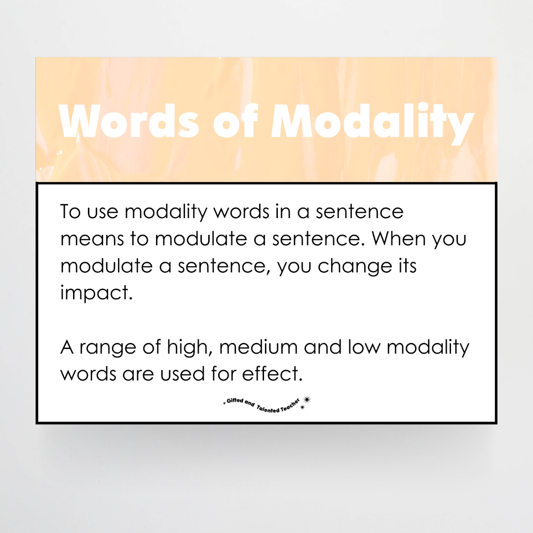 Words of Modality: High, Medium and Low Wall Display - Neutral Classroom Decor - Teacher Resources & Classroom Decor