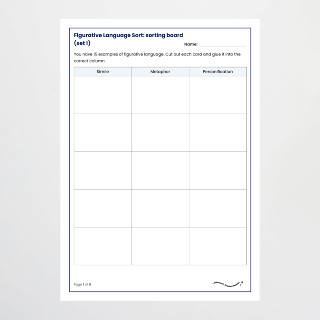 Figurative Language Sort: sorting board