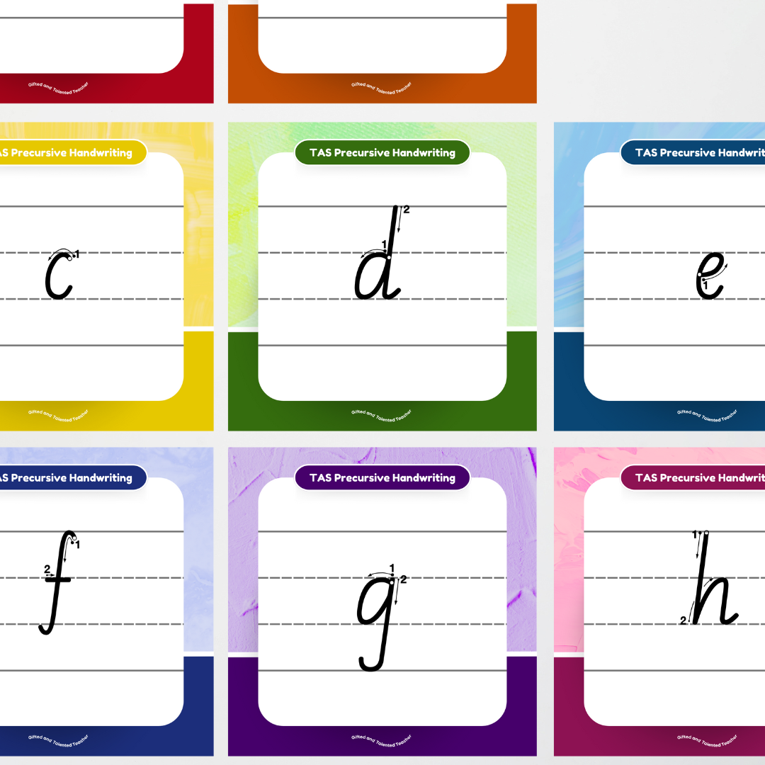 Tasmanian Precursive Font: Lined Handwriting Posters (with directional arrows) - Rainbow - Teacher Resources & Classroom Decor