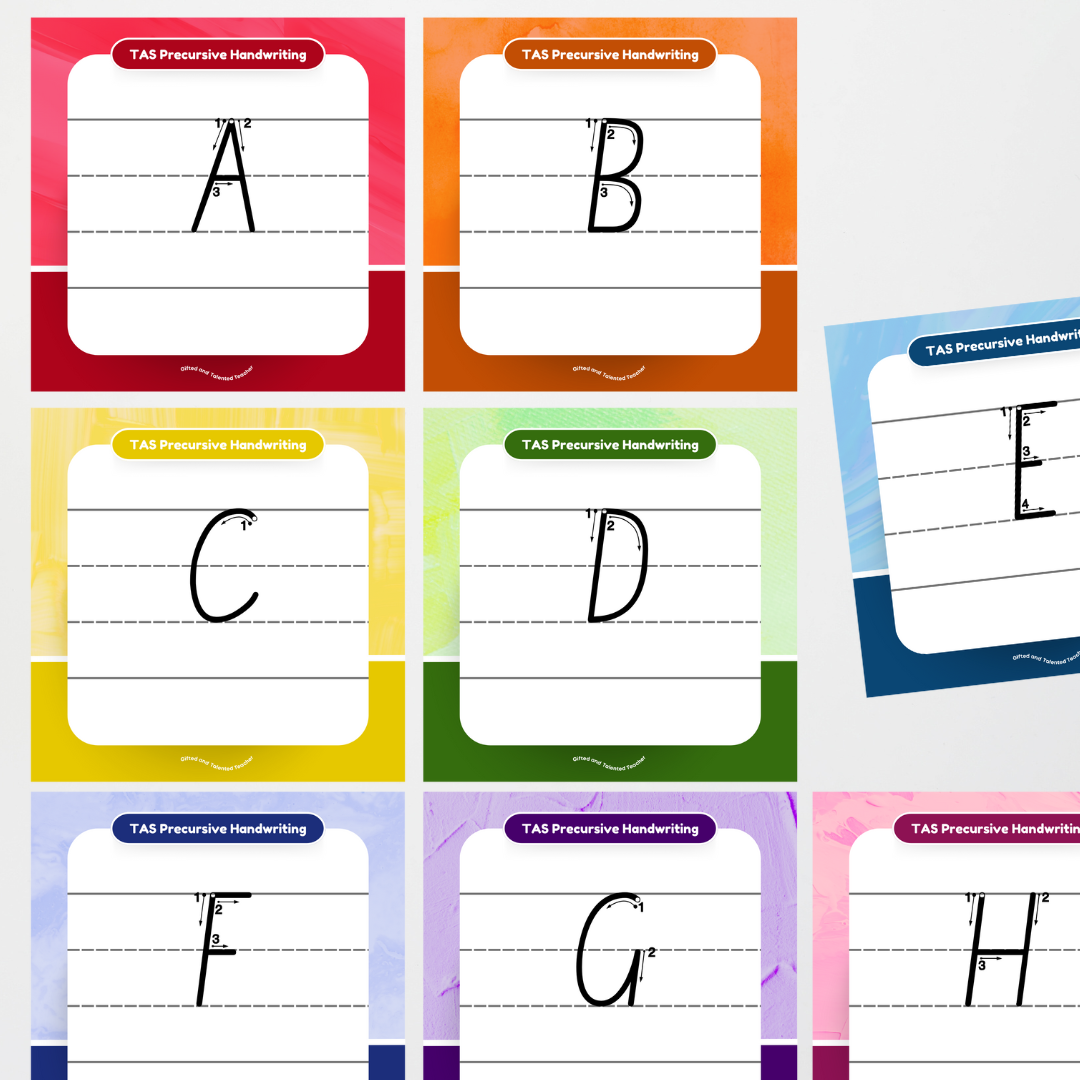 Tasmanian Precursive Font: Lined Handwriting Posters (with directional arrows) - Rainbow - Teacher Resources & Classroom Decor