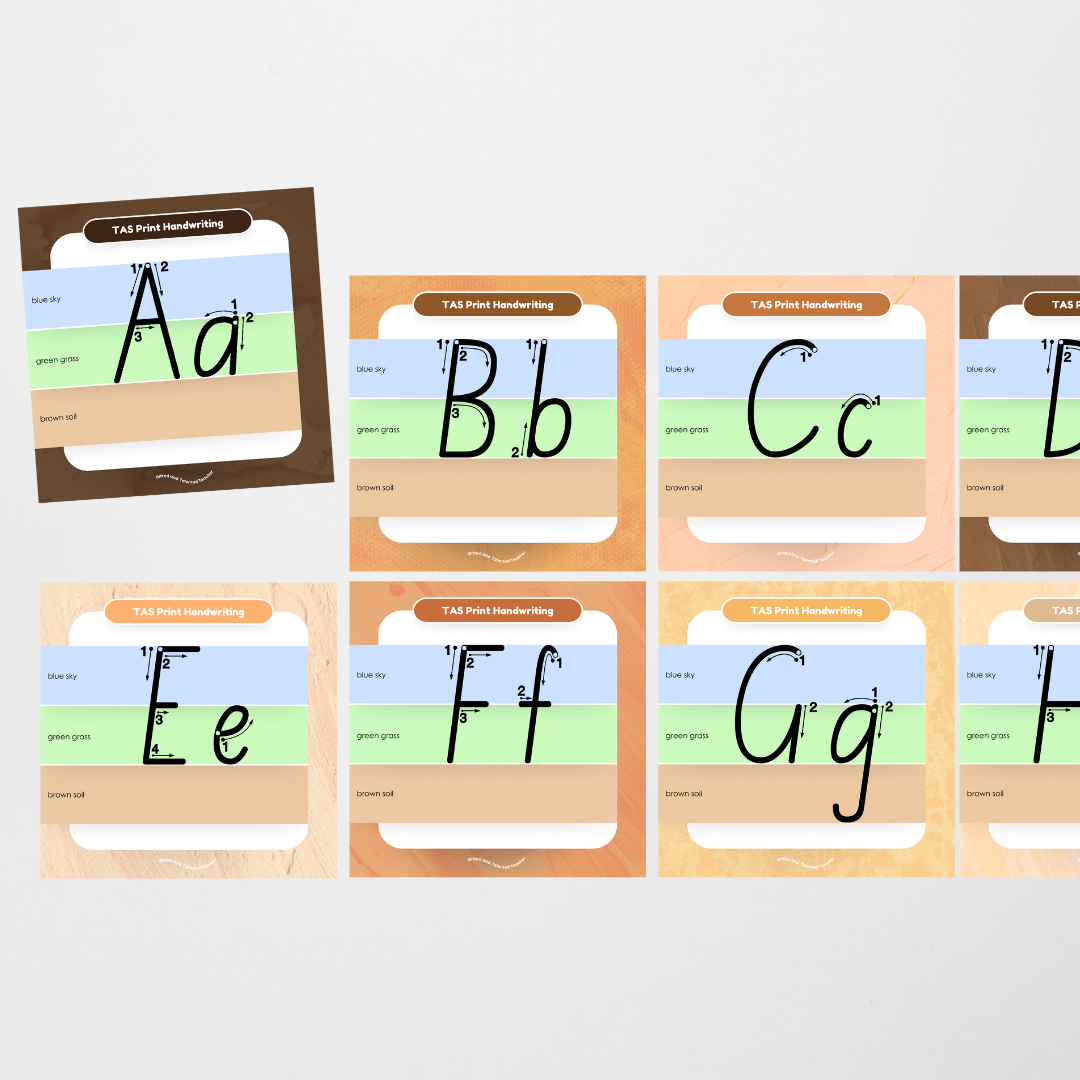 Tasmanian Foundation Font: Sky, Grass, Soil Handwriting Posters (with directional arrows) - Neutral - Teacher Resources & Classroom Decor