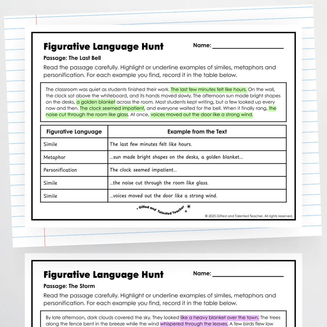 Figurative Language Passage Hunt: Similes, Metaphors and Personification - Teacher Resources & Classroom Decor