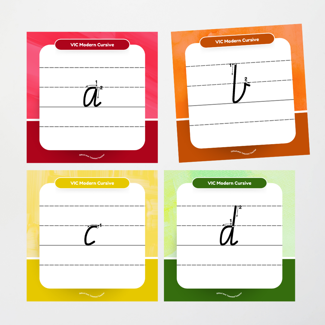 Victorian Modern Cursive Font: Lined Handwriting Posters (with directional arrows) - Rainbow - Teacher Resources & Classroom Decor