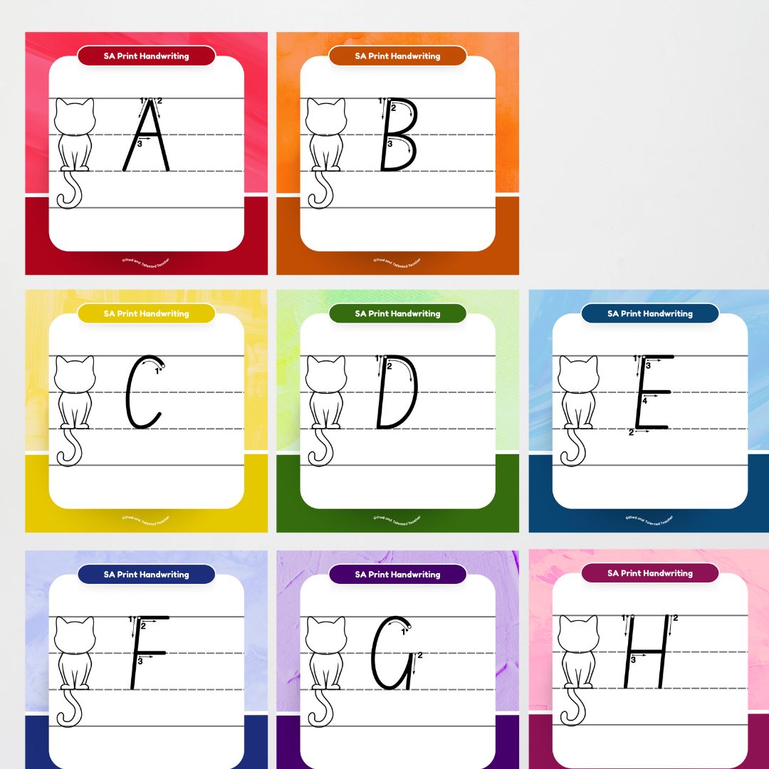 South Australian Print Font: Cat Dotted Thirds Lined Handwriting Posters - Rainbow