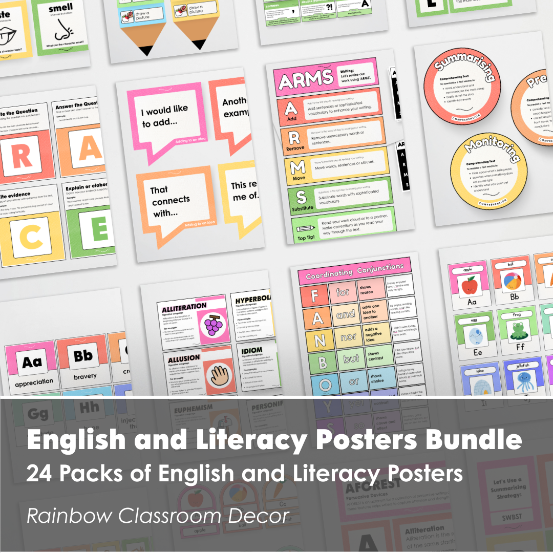 English and Literacy Posters Bundle - Rainbow Classroom Decor