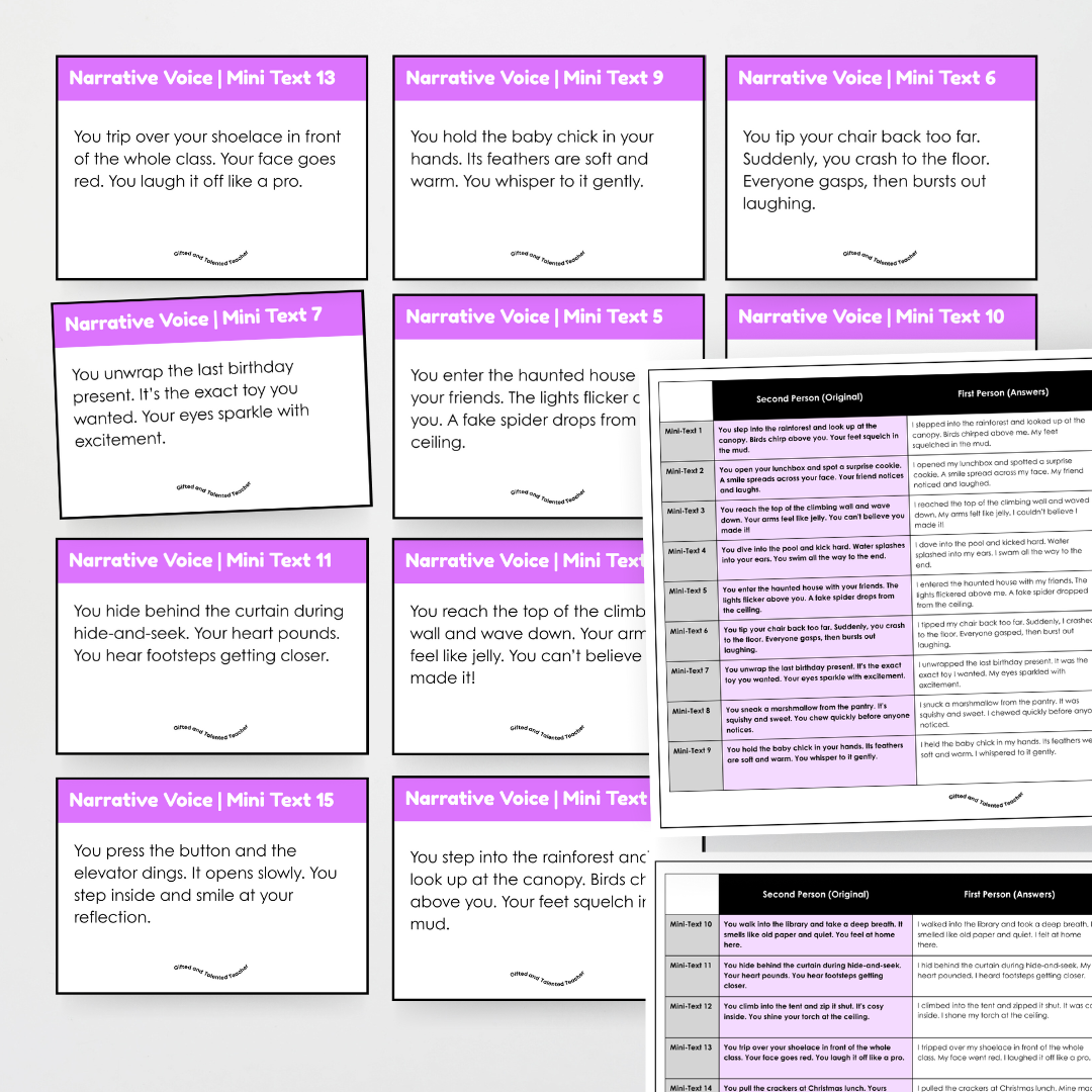 Narrative Voice Bundle: First Person, Second Person and Third Person - 45 Mini Texts Reading and Writing Activity - Teacher Resources & Classroom Decor