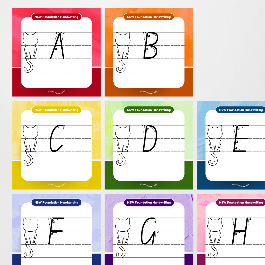 New South Wales Foundation Font: Cat Dotted Thirds Lined Handwriting Posters - Rainbow