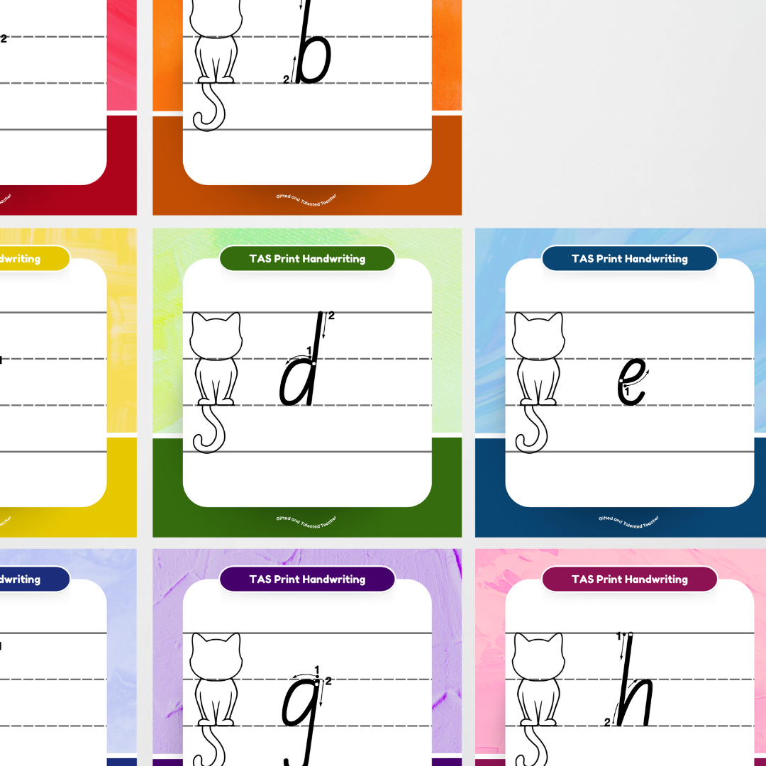 Tasmanian Print Font: Cat Dotted Thirds Lined Handwriting Posters - Rainbow - Teacher Resources & Classroom Decor