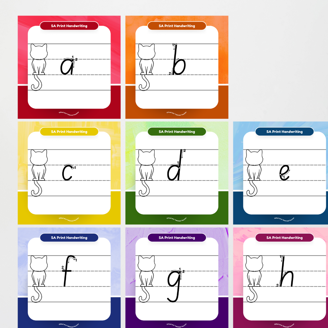 South Australian Print Font: Cat Dotted Thirds Lined Handwriting Posters - Rainbow