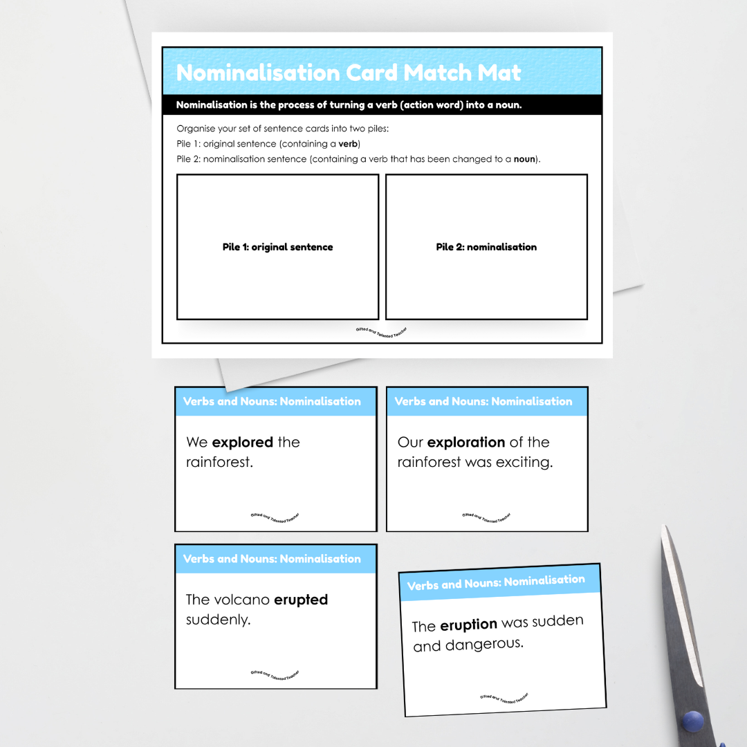 Nominalisation: Read and Sort Card Match Activity - Teacher Resources & Classroom Decor