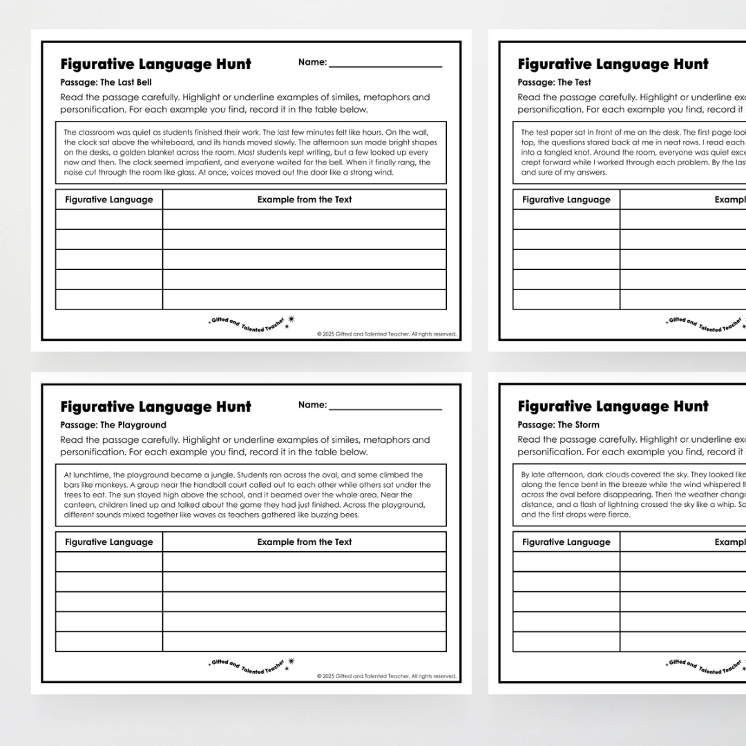 Figurative Language Passage Hunt: Similes, Metaphors and Personification - Teacher Resources & Classroom Decor