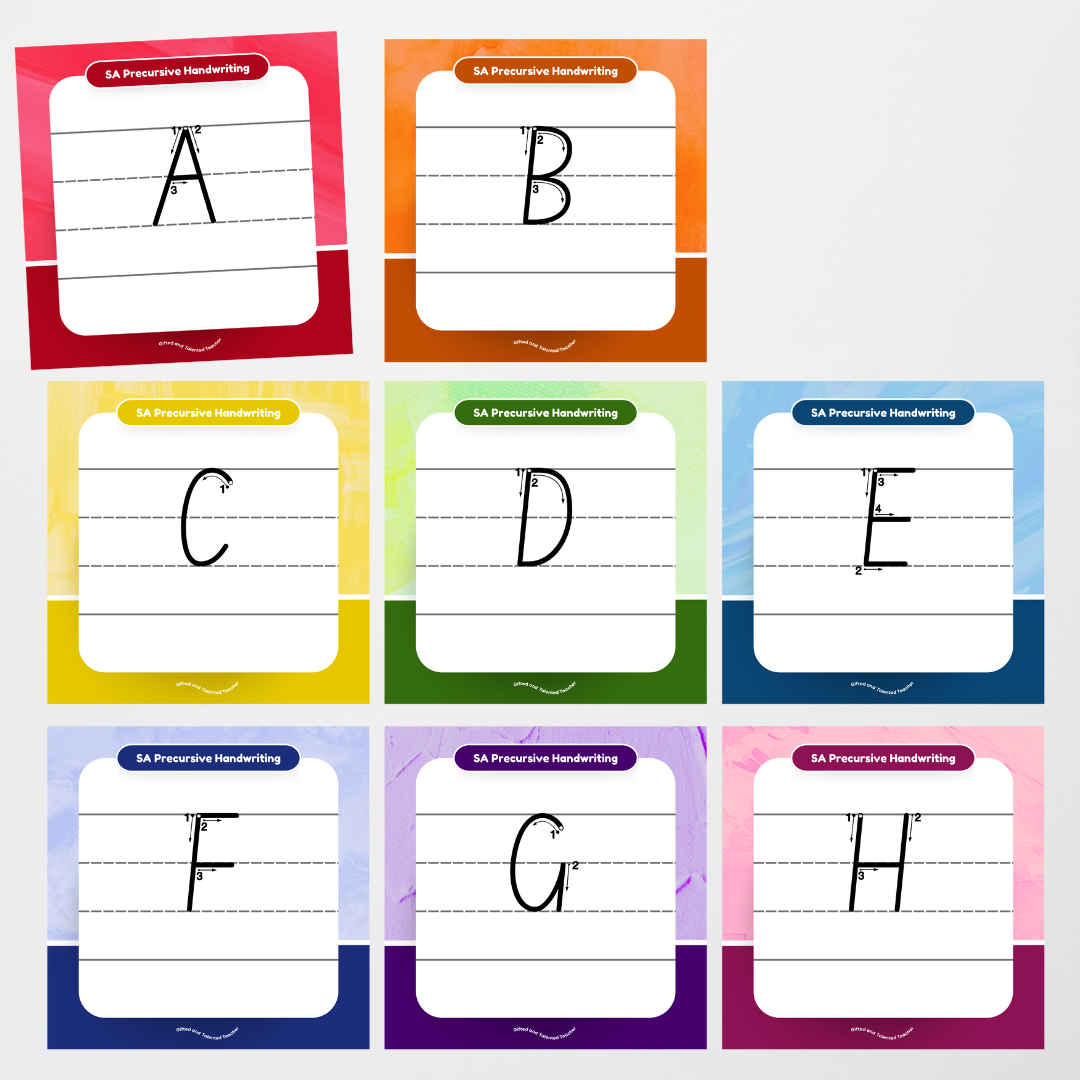 South Australian Precursive Font: Lined Handwriting Posters (with directional arrows) - Rainbow