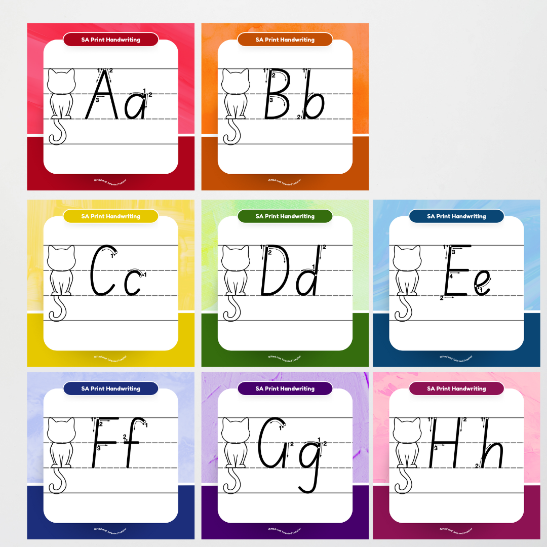South Australian Print Font: Cat Dotted Thirds Lined Handwriting Posters - Rainbow