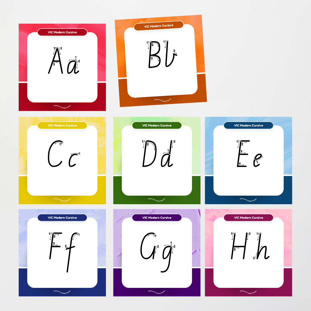 Victorian Modern Cursive Font: Unlined Handwriting Posters (with directional arrows) - Rainbow - Teacher Resources & Classroom Decor