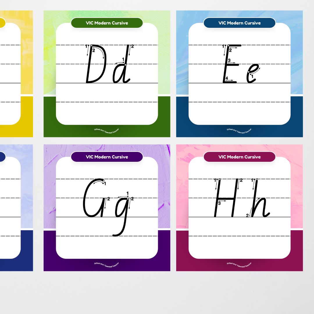 Victorian Modern Cursive Font: Lined Handwriting Posters (with directional arrows) - Rainbow - Teacher Resources & Classroom Decor