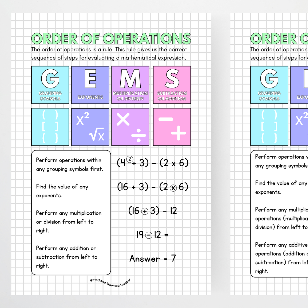 Order of Operations: GEMS or GEMA - Teacher Resources & Classroom Decor