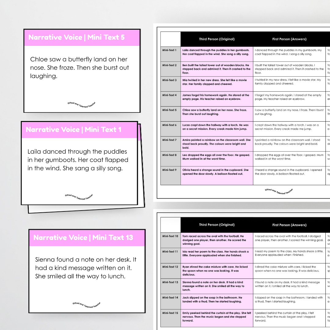 Narrative Voice Bundle: First Person, Second Person and Third Person - 45 Mini Texts Reading and Writing Activity - Teacher Resources & Classroom Decor