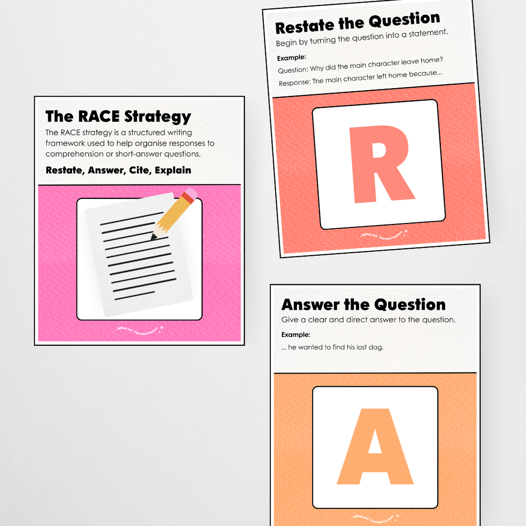 RACE Writing Strategy Poster Set - Rainbow Classroom Decor