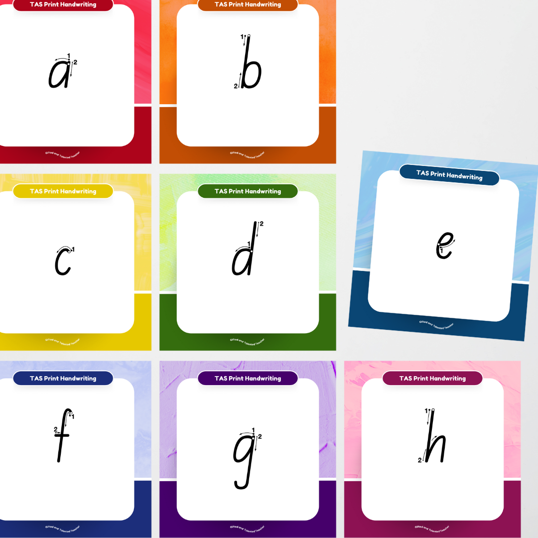 Tasmanian Print Font: Unlined Handwriting Posters (with directional arrows) - Rainbow - Teacher Resources & Classroom Decor