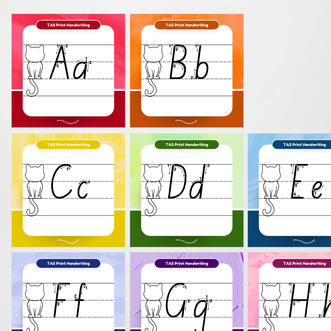 Tasmanian Print Font: Cat Dotted Thirds Lined Handwriting Posters - Rainbow - Teacher Resources & Classroom Decor