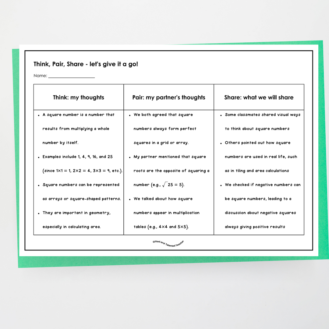 Think, Pair, Share Organiser: Scaffold