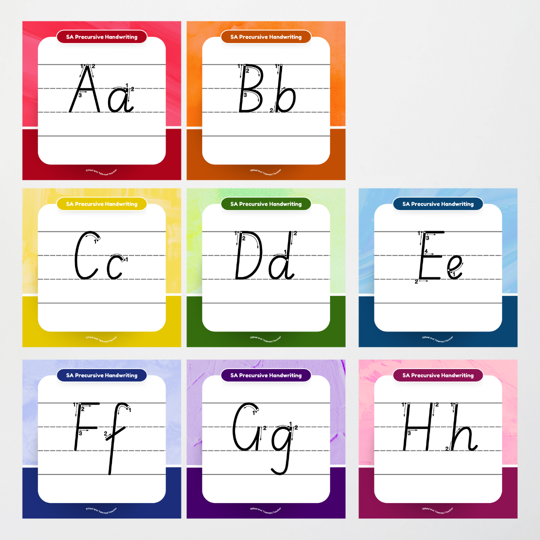South Australian Precursive Font: Lined Handwriting Posters (with directional arrows) - Rainbow