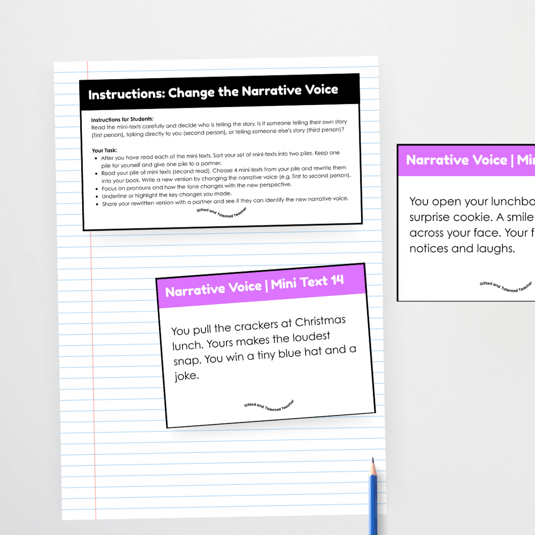 Narrative Voice Bundle: First Person, Second Person and Third Person - 45 Mini Texts Reading and Writing Activity - Teacher Resources & Classroom Decor