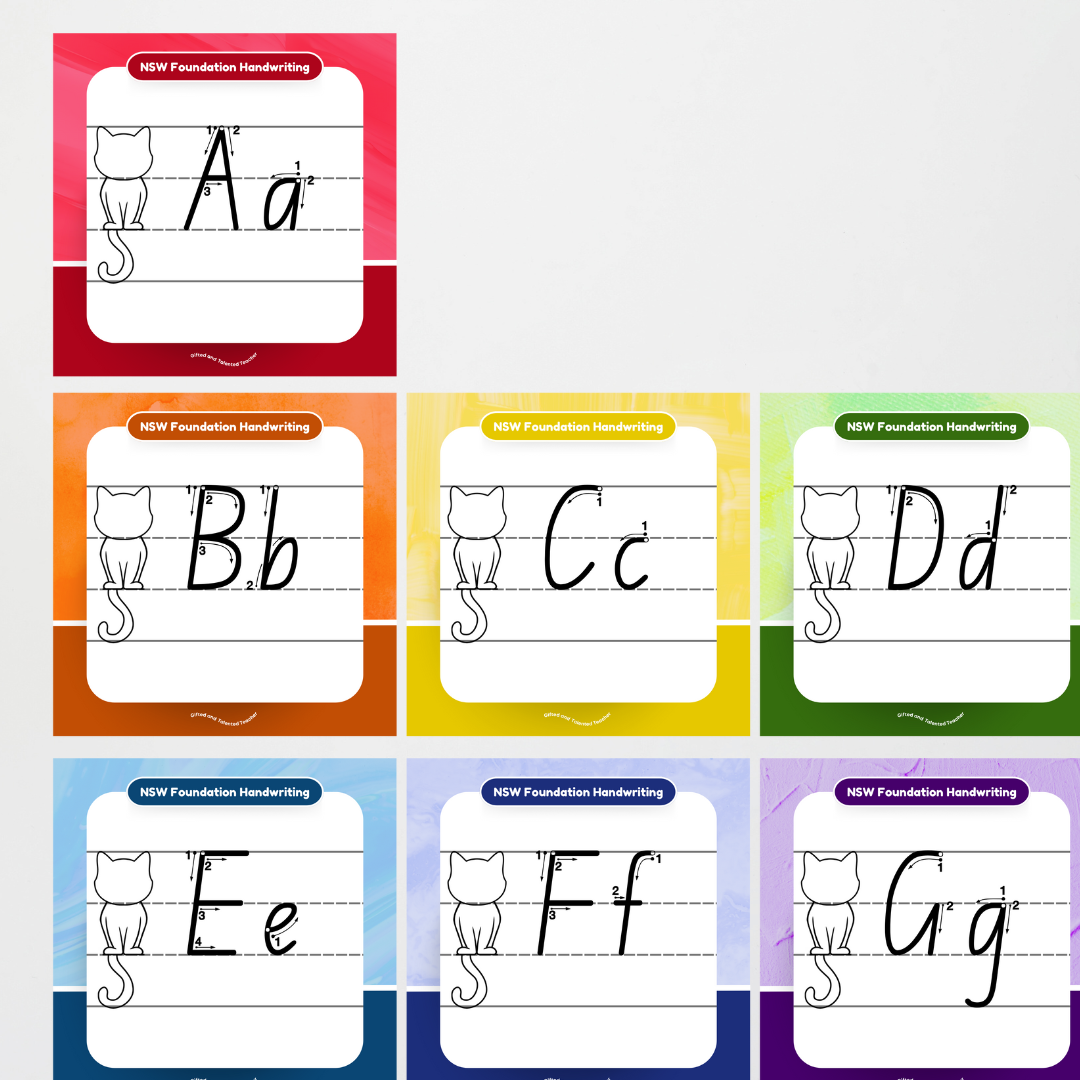 New South Wales Foundation Font: Cat Dotted Thirds Lined Handwriting Posters - Rainbow