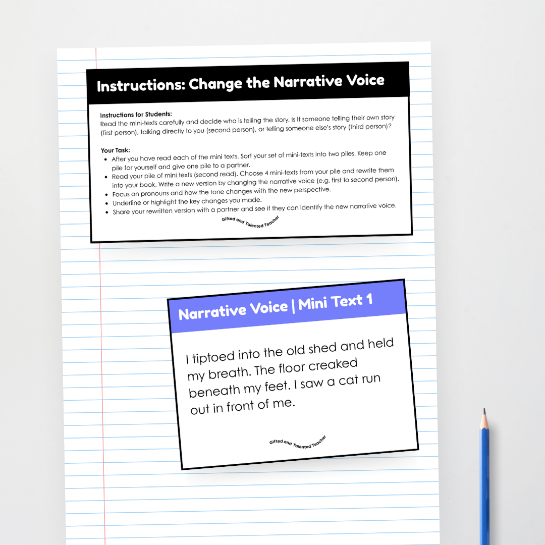 Narrative Voice: First Person - Mini Text Reading and Writing Activity - Teacher Resources & Classroom Decor