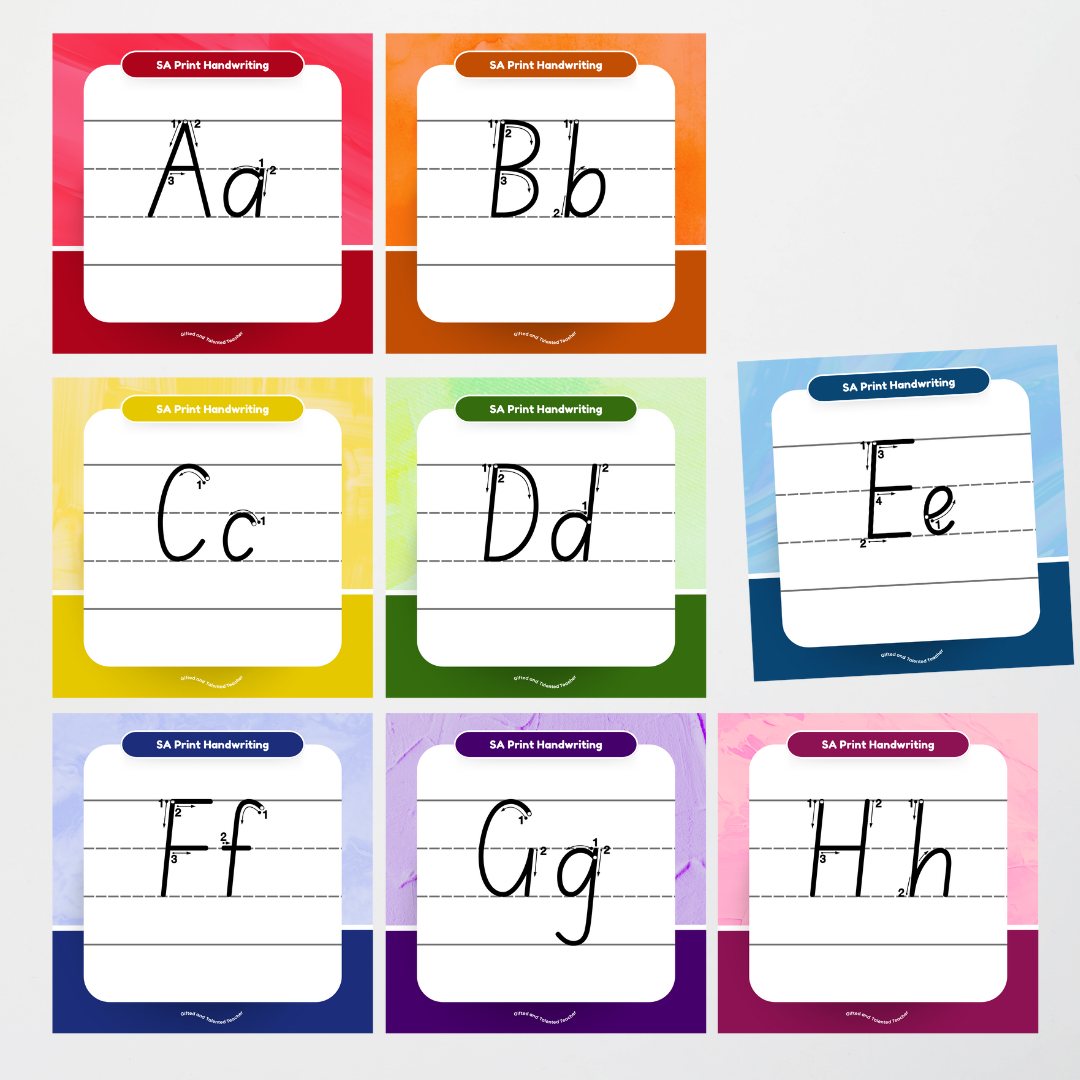 South Australian Print Font: Lined Handwriting Posters (with directional arrows) - Rainbow