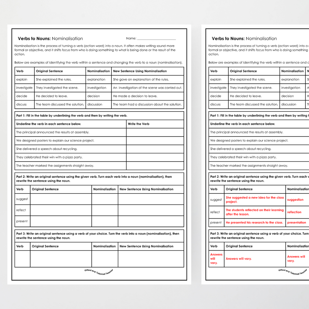 Verbs to Nouns: Nominalisation - Differentiated Activity - Teacher Resources & Classroom Decor