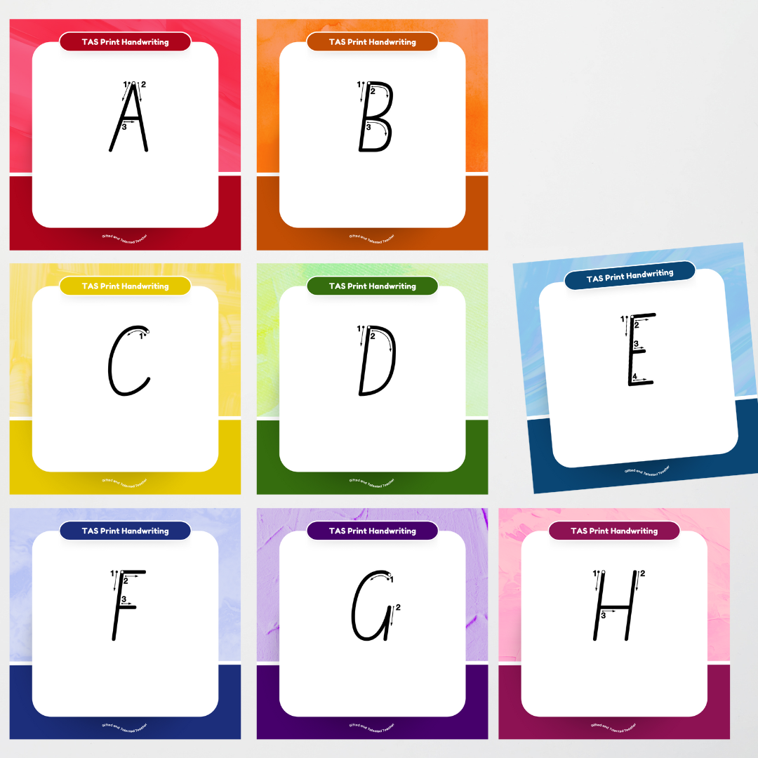 Tasmanian Print Font: Unlined Handwriting Posters (with directional arrows) - Rainbow - Teacher Resources & Classroom Decor