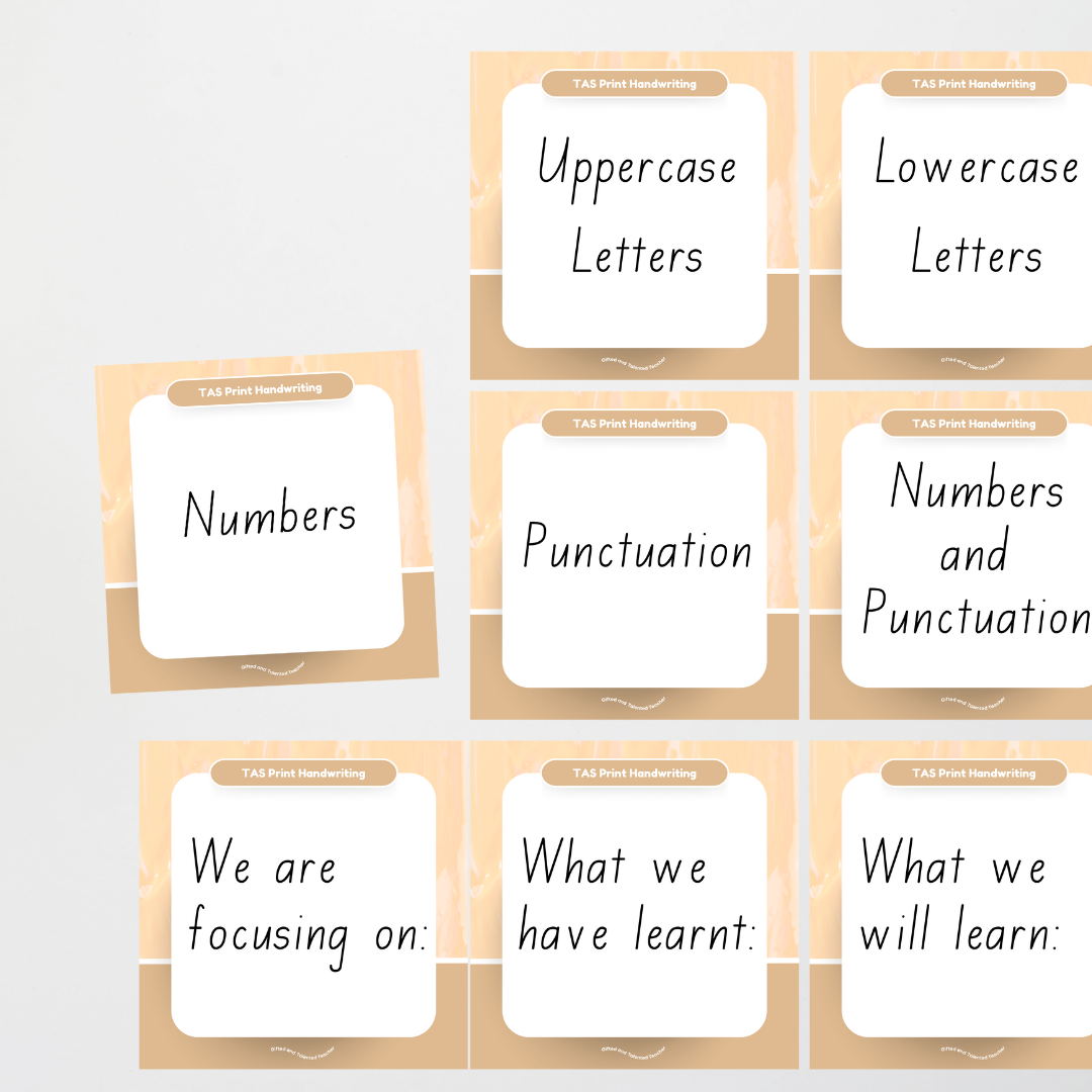 Tasmanian Foundation Font: Sky, Grass, Soil Handwriting Posters (with directional arrows) - Neutral - Teacher Resources & Classroom Decor