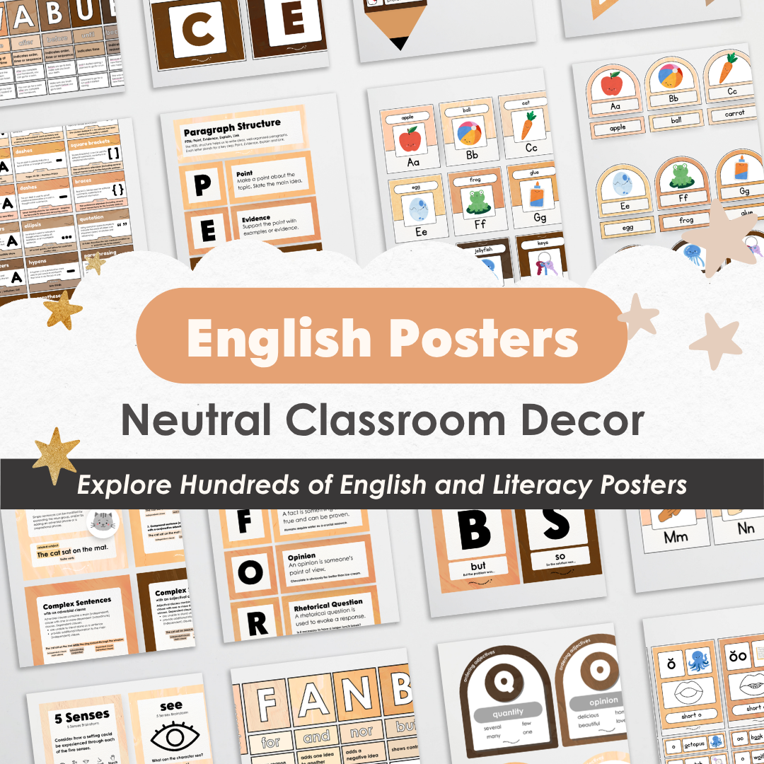 English and Literacy Posters Bundle - Neutral Classroom Decor