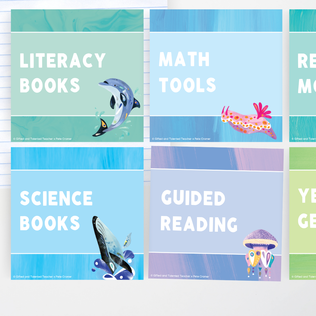 Pete Cromer: Square Labels - Sea Life Classroom Decor Teacher Resource