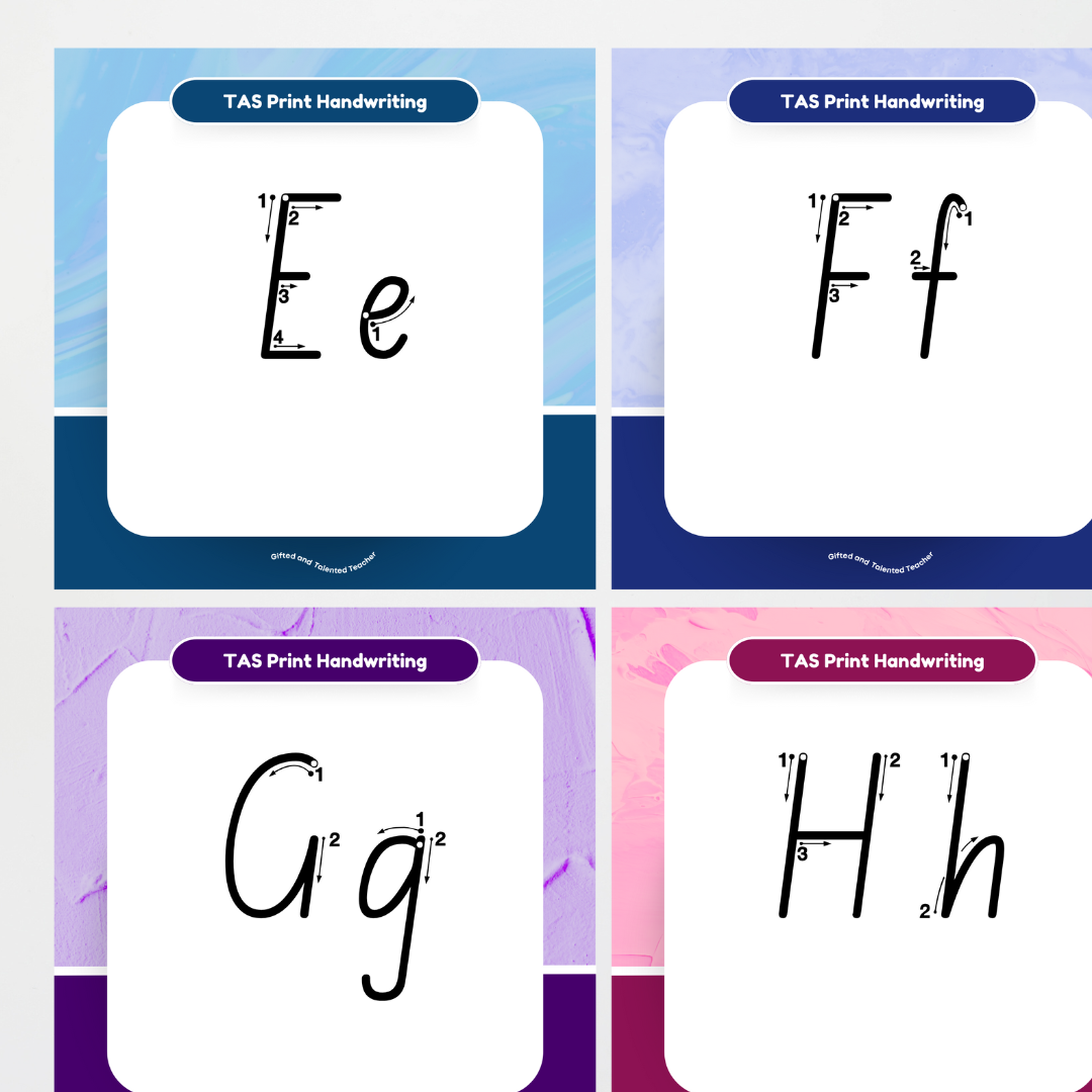 Tasmanian Print Font: Unlined Handwriting Posters (with directional arrows) - Rainbow - Teacher Resources & Classroom Decor