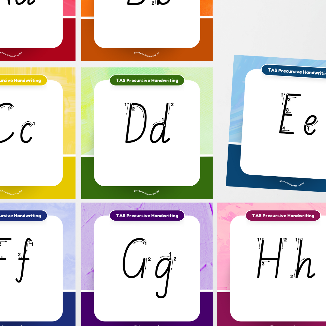 Tasmanian Precursive Font: Unlined Handwriting Posters (with directional arrows) - Rainbow - Teacher Resources & Classroom Decor