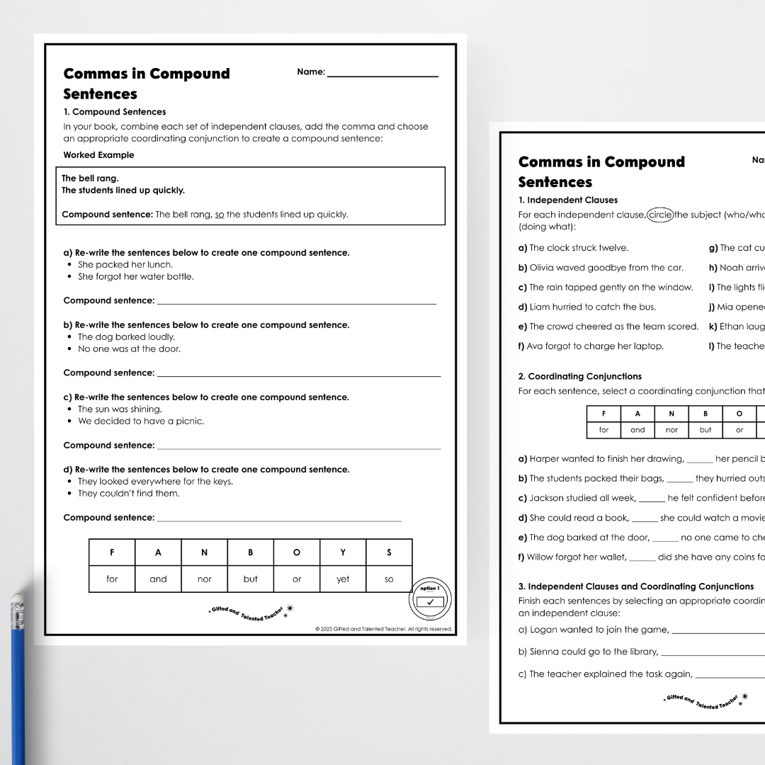 Year 6: Commas in Compound Sentences Activity and Teacher Resource