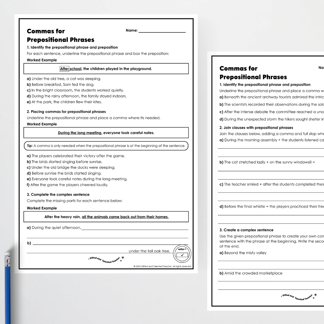 Year 5: Commas for Prepositional Phrases Activity and Teacher Resource