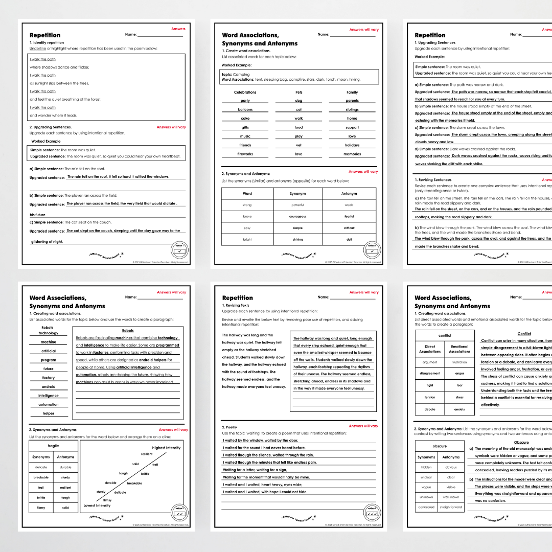 Year 6: Repetition, Synonyms and Antonyms Activity and Teacher Resource