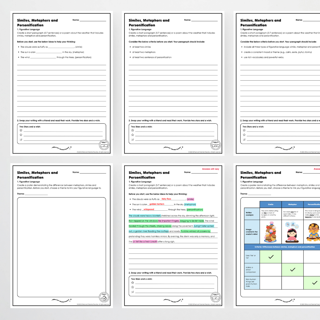 Year 6: Similes, Metaphors and Personification Figurative Language Activity and Teacher Resource - Teacher Resources & Classroom Decor