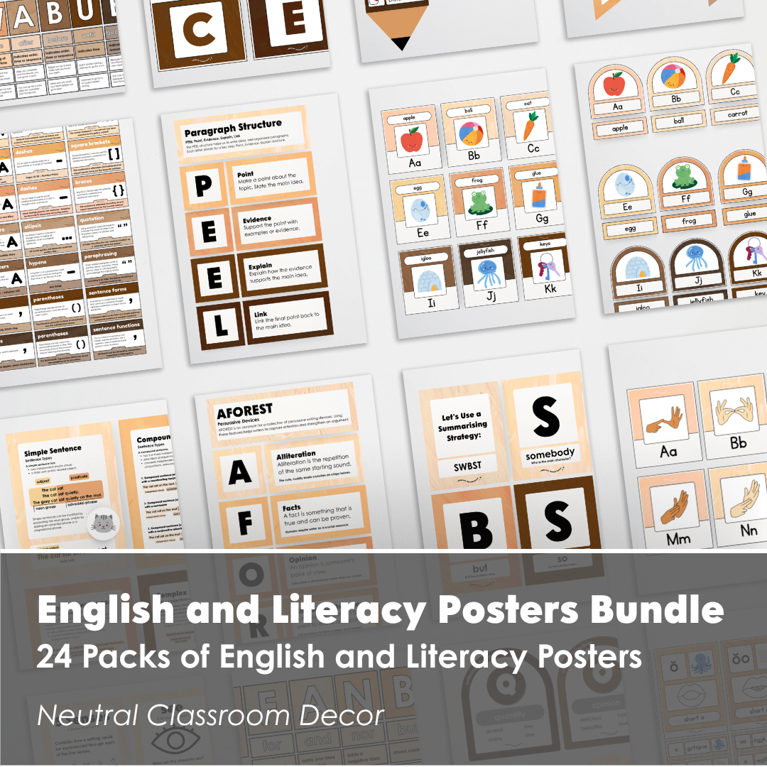 English and Literacy Posters Bundle - Neutral Classroom Decor