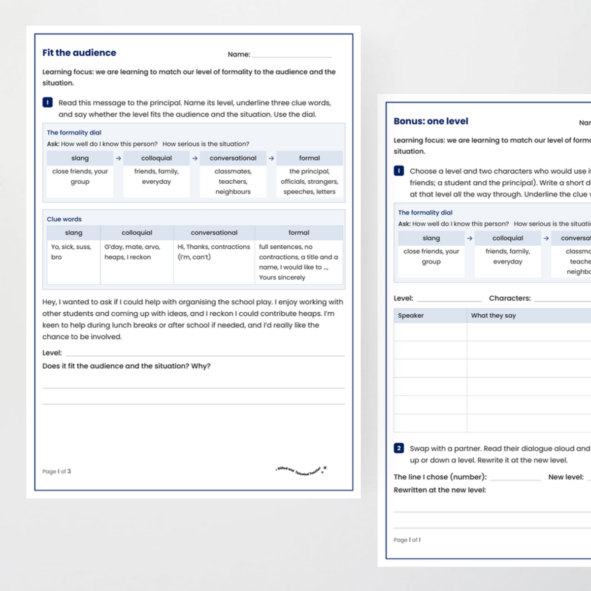 Student activity 2 – Levels of Formality
