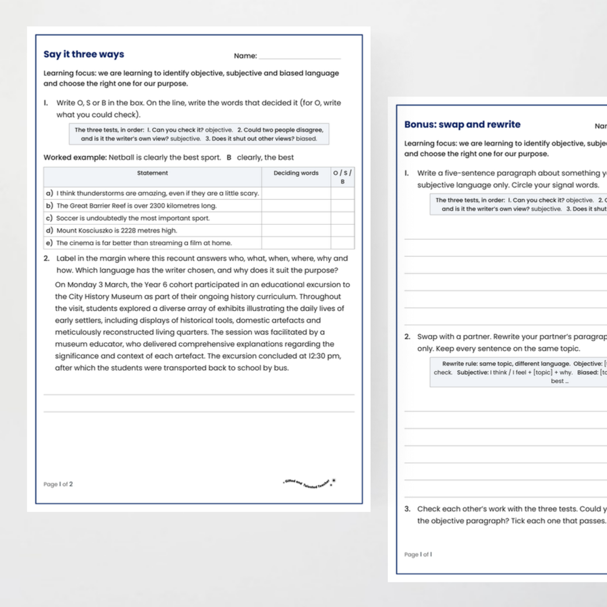 Student activity 2 – Objective, Subjective and Biased Language