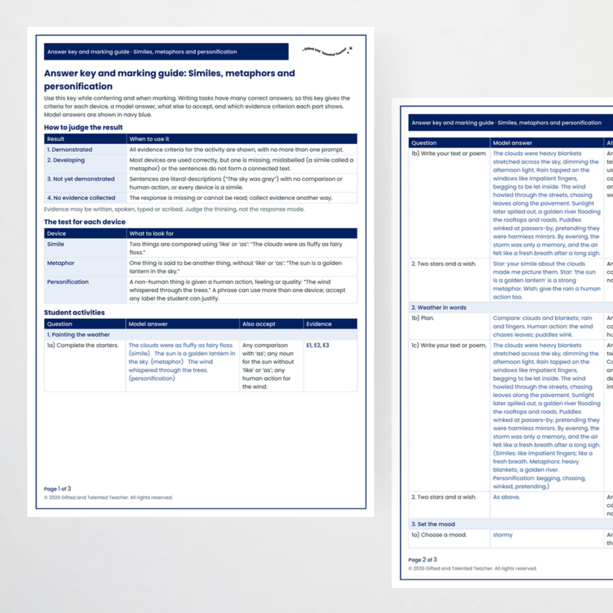Answer key and marking guide pages
