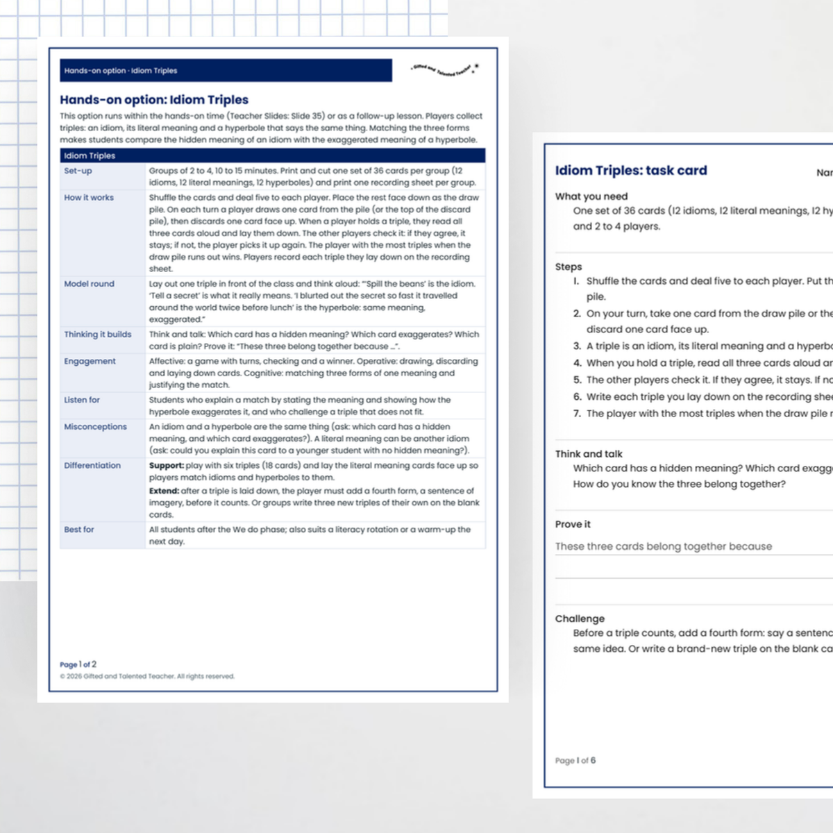 Idiom Triples: teacher page and idiom cards