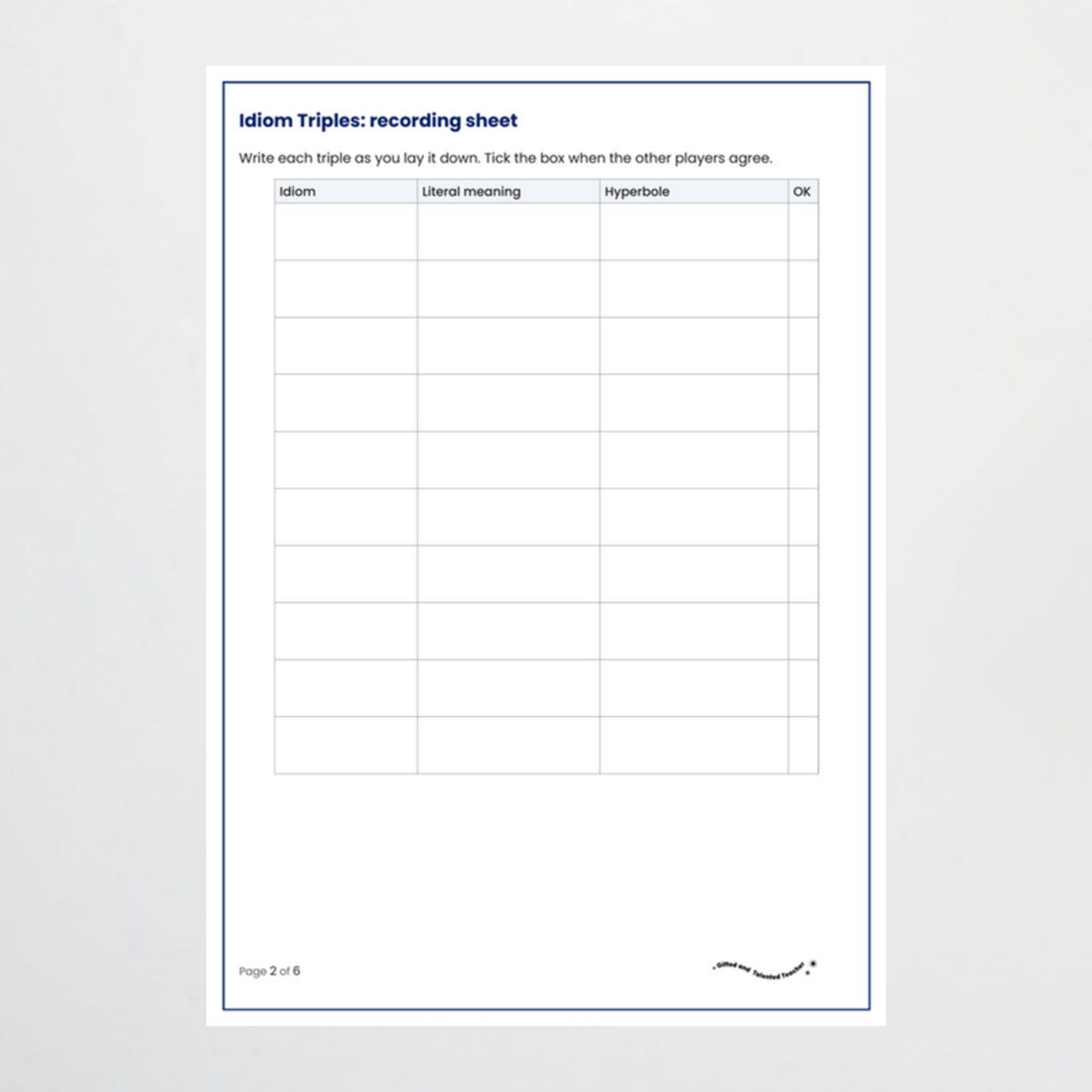 Idiom Triples: recording sheet