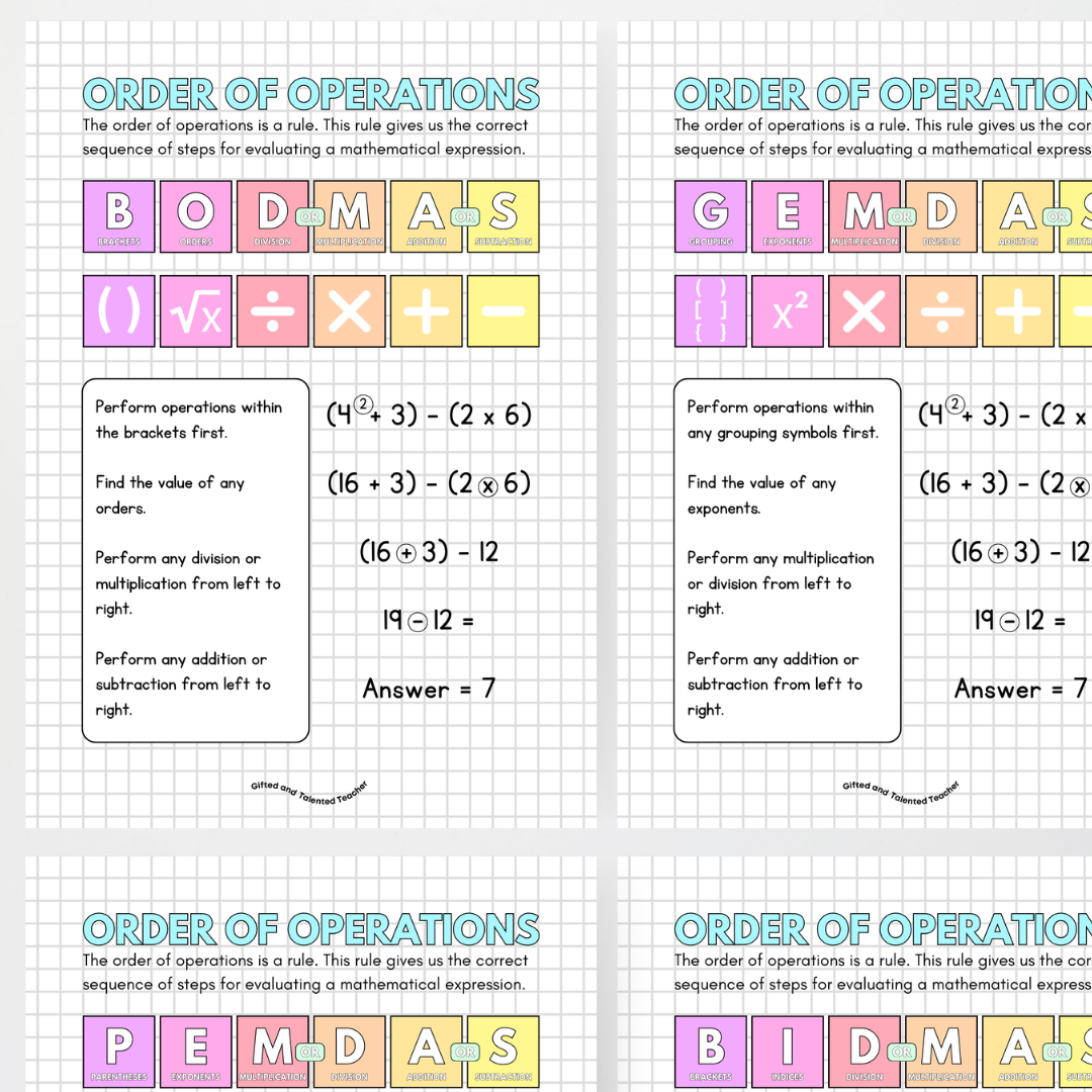 Order of Operations: BODMAS, BIDMAS, PEMDAS and GEMDAS - Teacher Resources & Classroom Decor